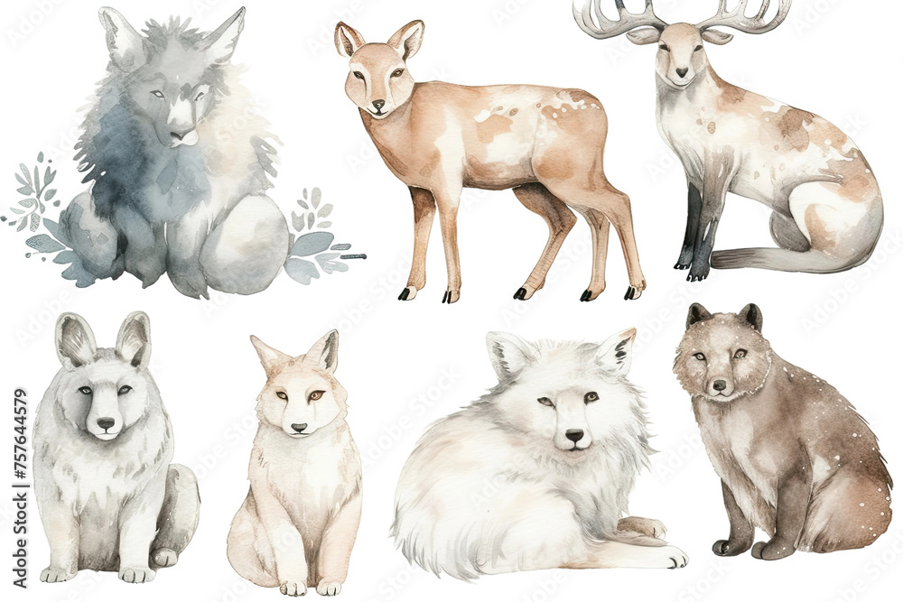 Woodland fox cute wild animals rabbit set Arctic snow wolf deer Watercolor leopard wildlife