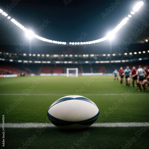 Balón de rugby en campo de rugby y jugadores de fondo
