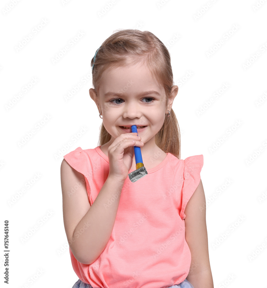 Birthday celebration. Cute little girl with blower on white background Birthday celebration. Cute little girl with blower on white background