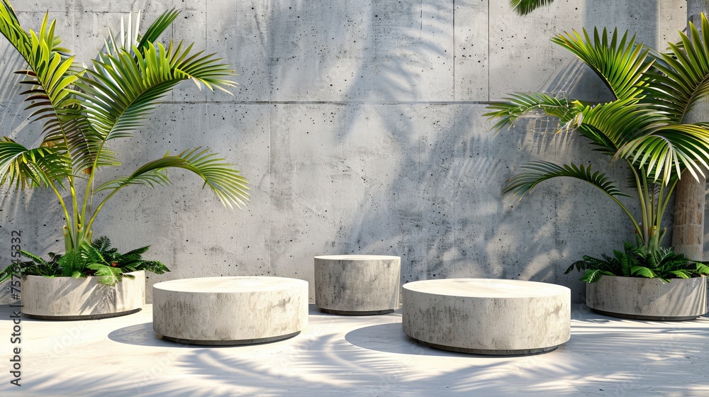 White round podium in vibrant green foliage setting outdoors for presentations and events White round podium in vibrant green foliage setting outdoors for presentations and events