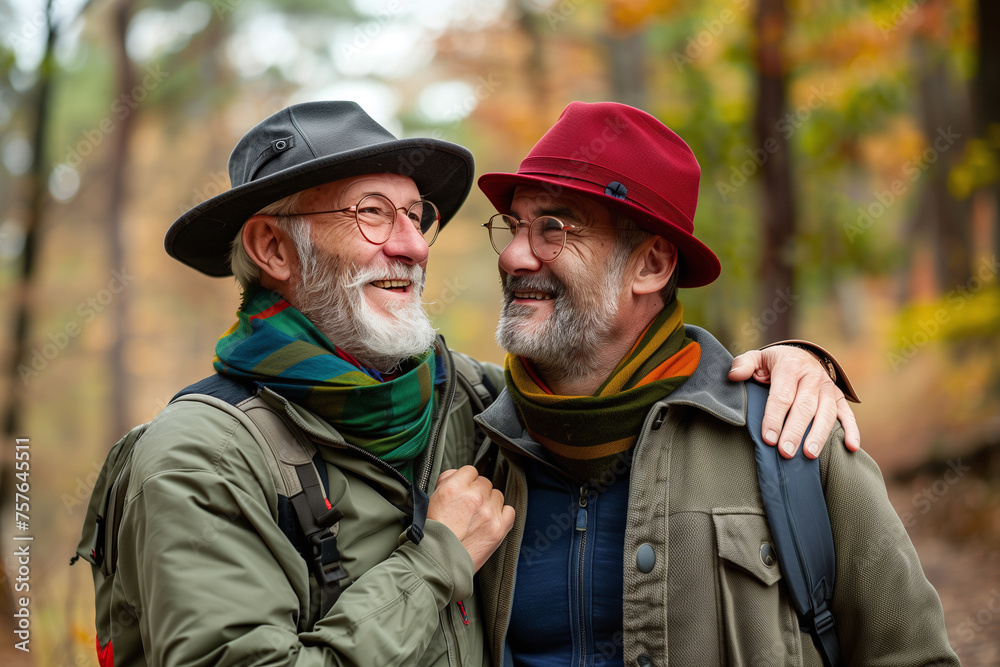 Joyful Senior Gay Couple Embracing on Autumn Hike