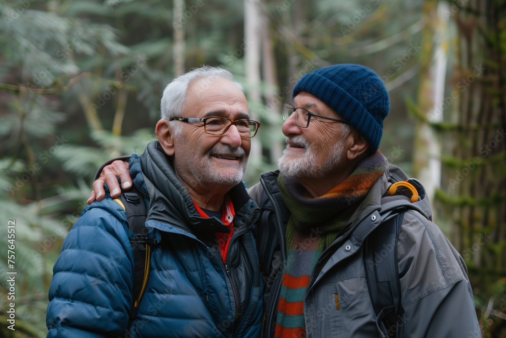 Senior Gay Couple Sharing a Moment on Woodland Trail