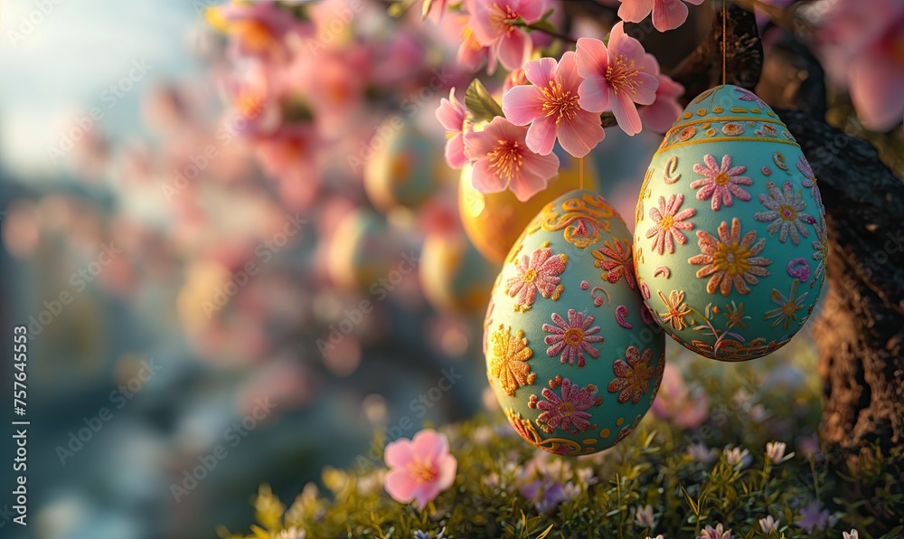 3D, cartoon Easter eggs hanging on tree branches. 3D, cartoon Easter eggs hanging on tree branches.