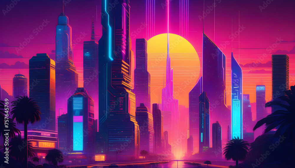 Digital colorful night city skyline