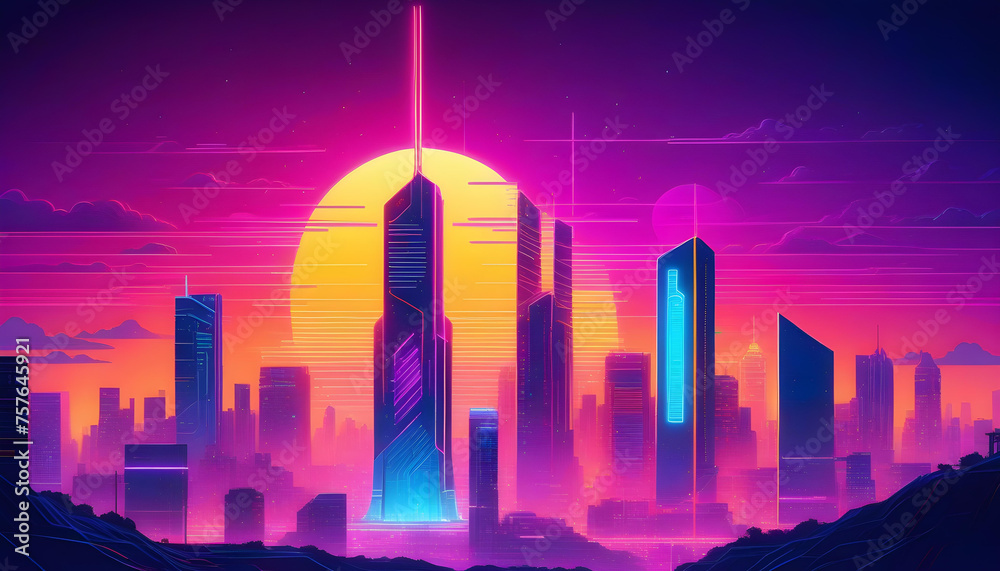 A digitally rendered illustration of a futuristic sentinel in a neon-lit cityscape