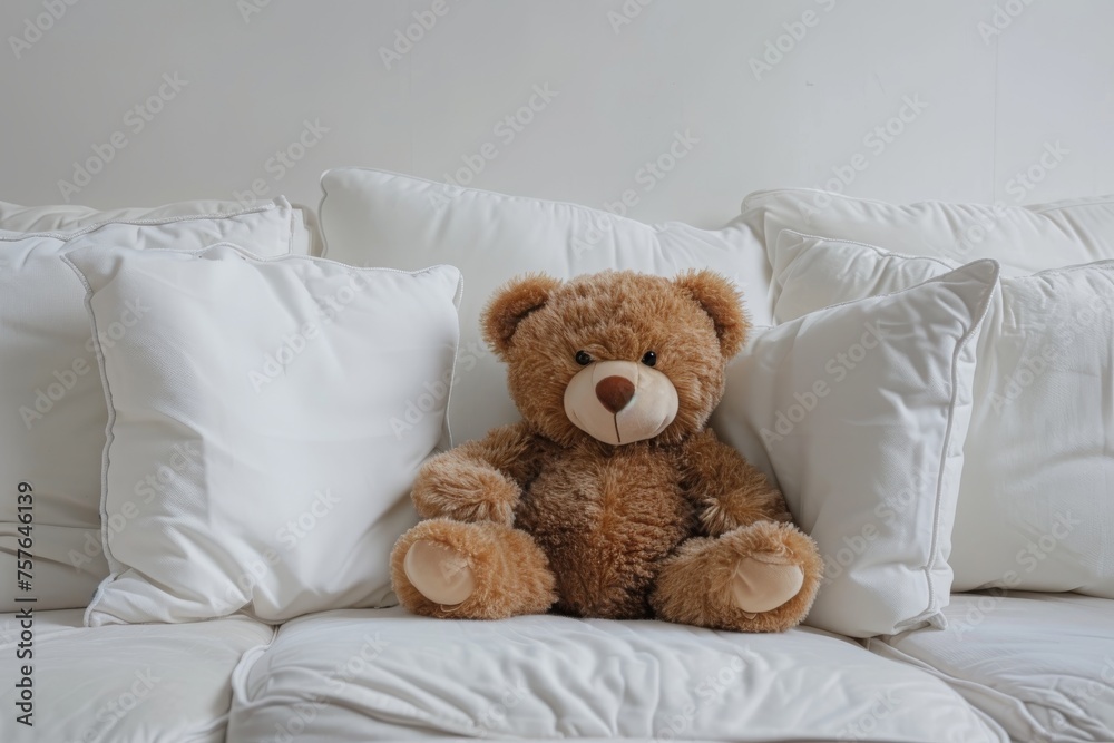 Plush teddy bear sitting on white couch with pillows