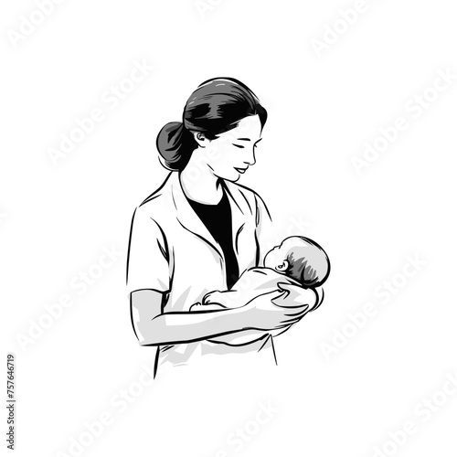 female pediatrician with baby, thin black line drawing, minimalism, on a white background