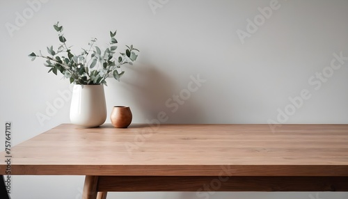 Minimal Scandinavian contemporary empty wooden table with sunlight. Simplistic Home office  Cafe  office and library 