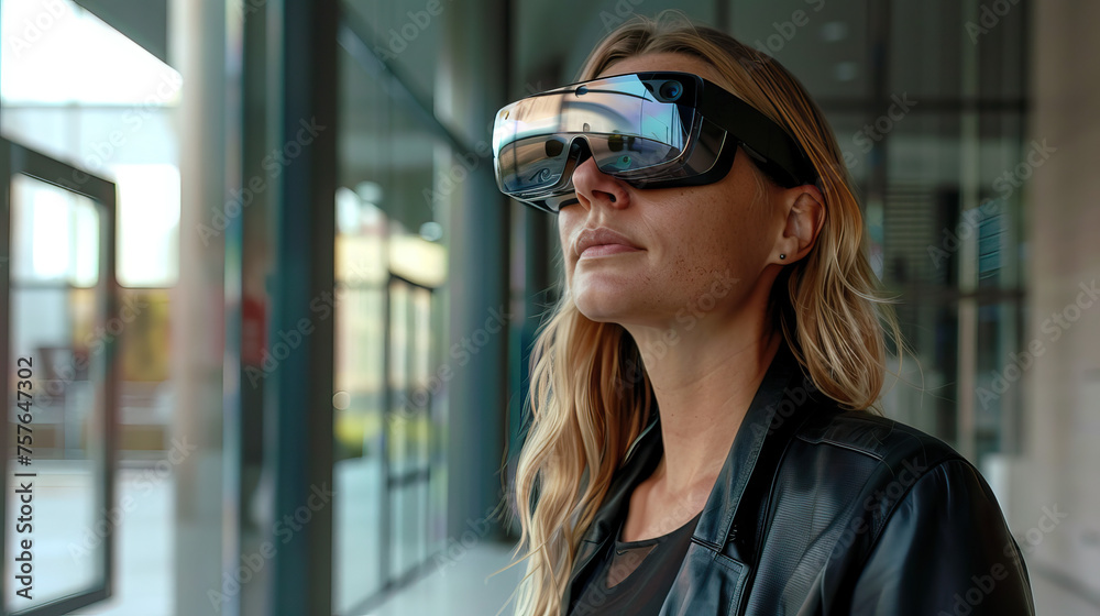Innovative Businesswoman Using Augmented Reality Glasses in a Modern Office. Concept of Technology, Business, and Innovation Innovative Businesswoman Using Augmented Reality Glasses in a Modern Office. Concept of Technology, Business, and Innovation