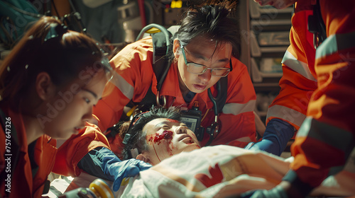 A team of Asian EMS paramedics assessing an injured patient, with details of the patient's injuries, the paramedics' care, and the patient's relief.