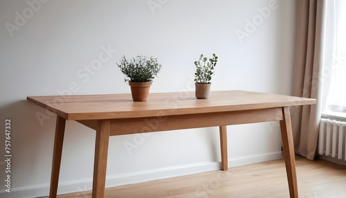 Minimal Scandinavian contemporary empty wooden table with sunlight. Simplistic Home office, Cafe, office and librar