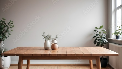 Minimal Scandinavian contemporary empty wooden table with sunlight. Simplistic Home office, Cafe, office and library 