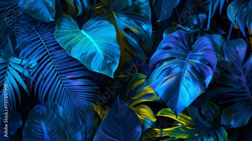 Tropical Leaves Illuminated with Blue and Green color  16 9