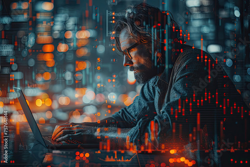 Digitally enhanced image of hacker typing in futuristic setting with cyber code and graph overlay, displaying cybersecurity concept