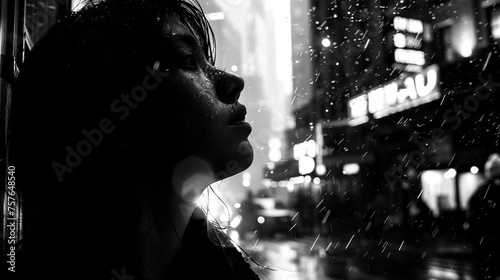 Woman in a Noir Cityscape, Hailing a Cab in the Rain, Her Face Masked by the Shadows, Adding to the Intrigue of the Scene