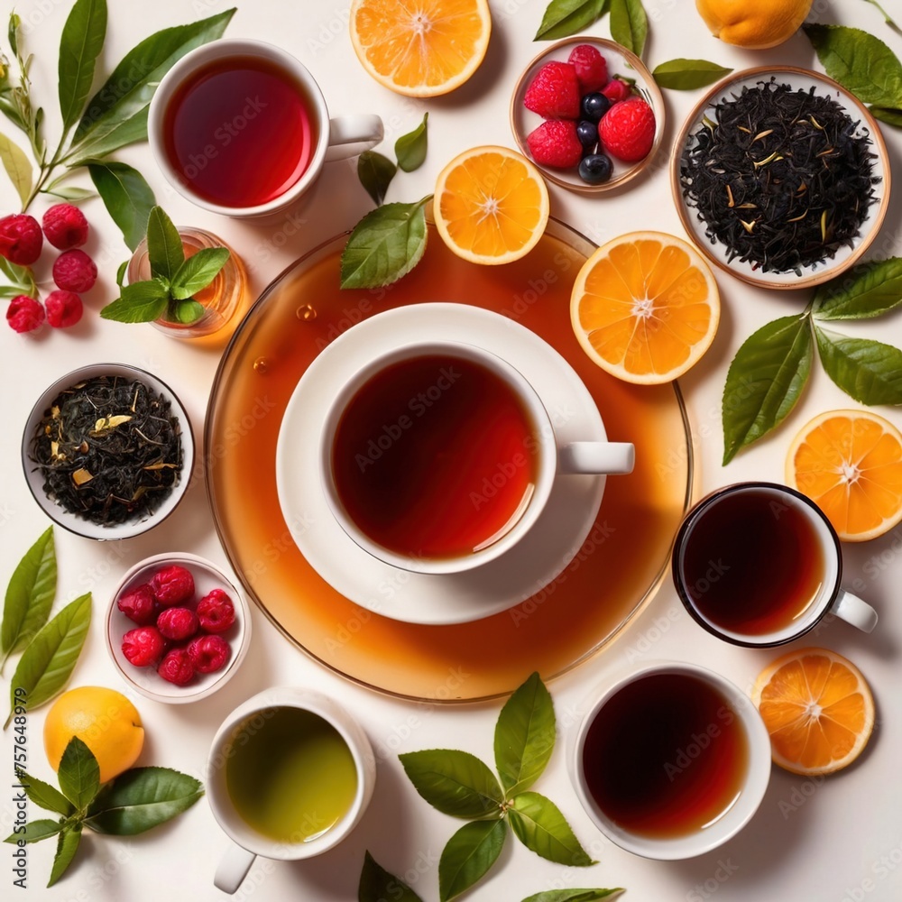 Fresh herbal fruit tea with leaves herbs and citrus - obrazy, fototapety, plakaty 