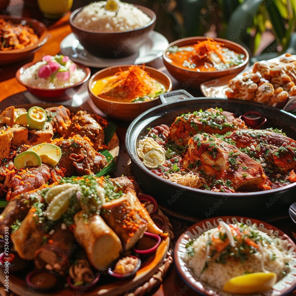 A lavish feast of international cuisines spreads across a wooden table, showcasing an array of dishes and food from around the world.