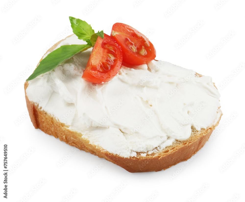 Bread with cream cheese, tomato and basil leaves isolated on white Bread with cream cheese, tomato and basil leaves isolated on white