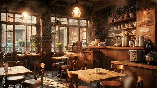 comfortable cafe atmosphere with a cup of hot coffee, the charm of a calming coffee shop atmosphere, seamless looping 4k video animation. photo