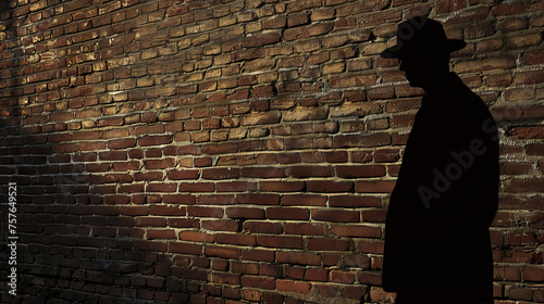 Sinister Silhouette: Figure in a Fedora Casting a Long Shadow Against a Brick Wall, Their Identity Shrouded in Mystery, Adding a Touch of Menace to the Scene