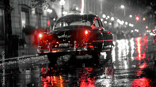 Noir Nostalgia: Vintage Car Parked on Rain-Slicked Streets, Reflecting the Glow of Neon Lights, Transporting Viewers to a Bygone Era of Glamour and Grit. © Lila Patel