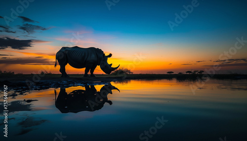 A rhinoceros is silhouetted against a colorful sunset, reflected perfectly in the calm waters of a savanna watering hole
