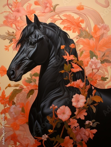 A black horse with floral patterns on its body against an orange background photo
