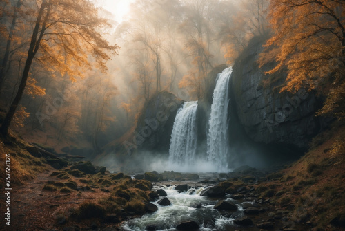 Waterfall in the middle of the forest during the sun in a foggy morning, in autumn