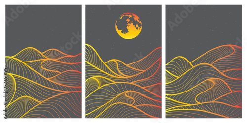 Set of Mountain line art background, luxury gold wallpaper design for cover, invitation background, packaging design, wall art and prints. Vector illustration.