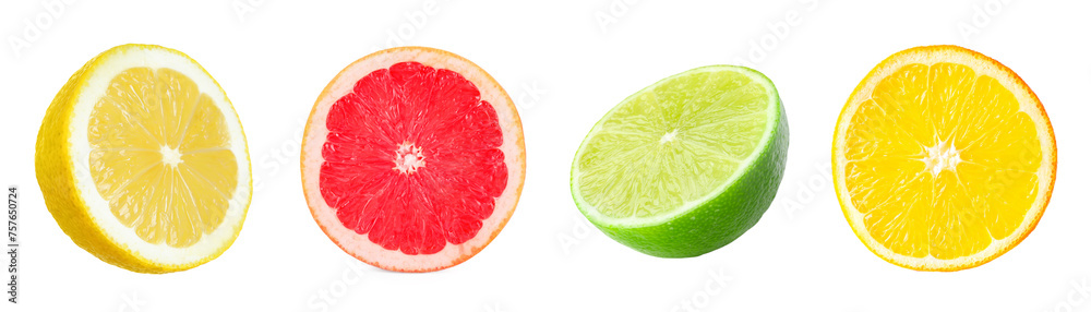 Citrus fruits. Cut fresh lemon, grapefruit, lime and orange isolated on white, set Citrus fruits. Cut fresh lemon, grapefruit, lime and orange isolated on white, set
