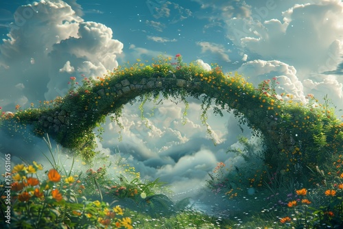 A wildflower bridge connects to two large clouds The atmosphere is like a fairy land