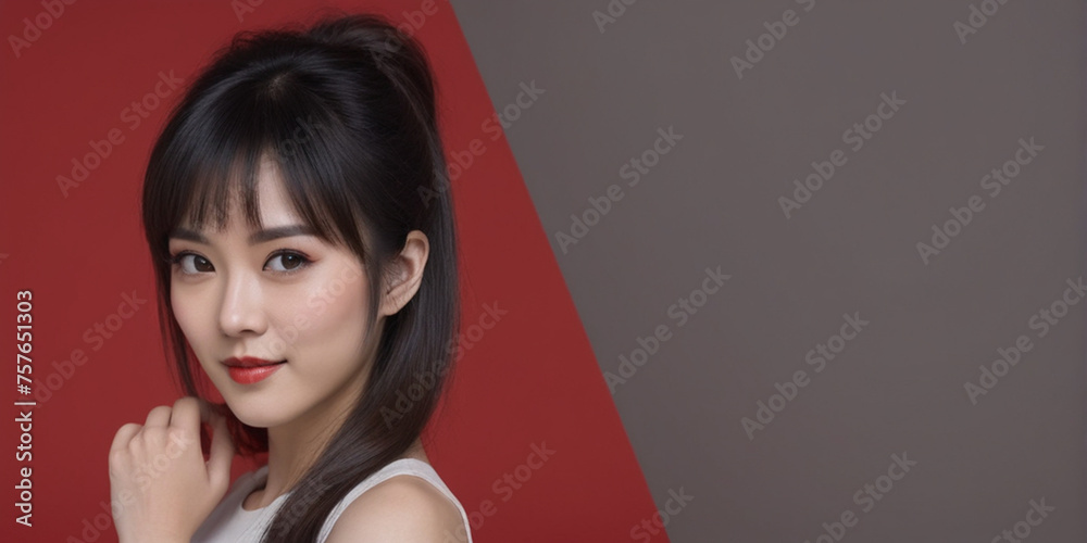Beautiful Chinese good woman nice fashion half body eye contact and background empty space for design in China Beautiful Chinese good woman nice fashion half body eye contact and background empty space for design in China