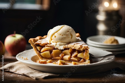 A slice of apple pie with ice cream on top