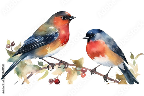 isolated birds bullfinch hand white watercolor robin drawn background illustration