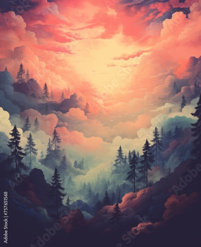 An enchanting pastel sunset over a vast forest filled with trees