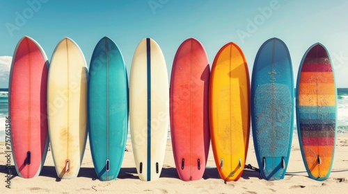 Colorful surfboards on sunny beach ready for waves next to sea, copy space for text