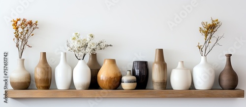 An interior design featuring a hardwood shelf with a collection of vases, flowerpots, and plants. The wooden artifact adds elegance to the rooms flooring