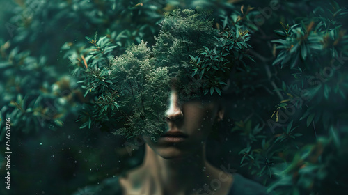 A person with a tree growing out of their head, blending seamlessly into a forest.