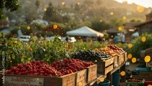 A bustling farm-to-table market scene, where fresh, organic produce meets innovative farm machinery, encapsulating the essence of modern sustainable agriculture