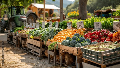 A bustling farm-to-table market scene, where fresh, organic produce meets innovative farm machinery, encapsulating the essence of modern sustainable agriculture