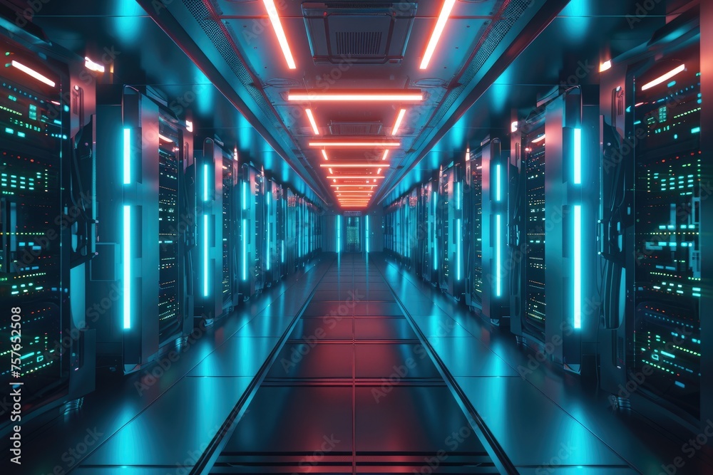 A futuristic data center with rows of servers and blue LED lights