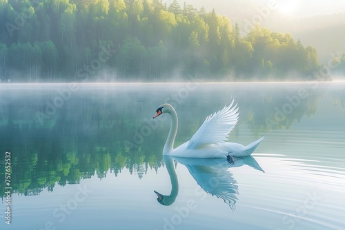 A graceful swan gliding over a crystal clear lake at dawn