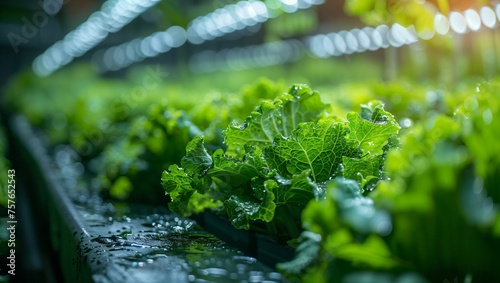 Hydroponic farming in a high-tech greenhouse, rows of leafy greens growing in water, showcasing innovative soil-less agriculture