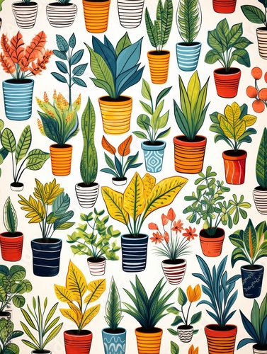lino cut of a seamless pattern of houseplants in a watercolour patterncolorful photo