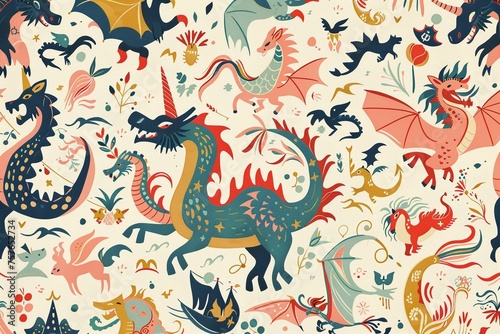 a pattern themed featuring dragons unicorns