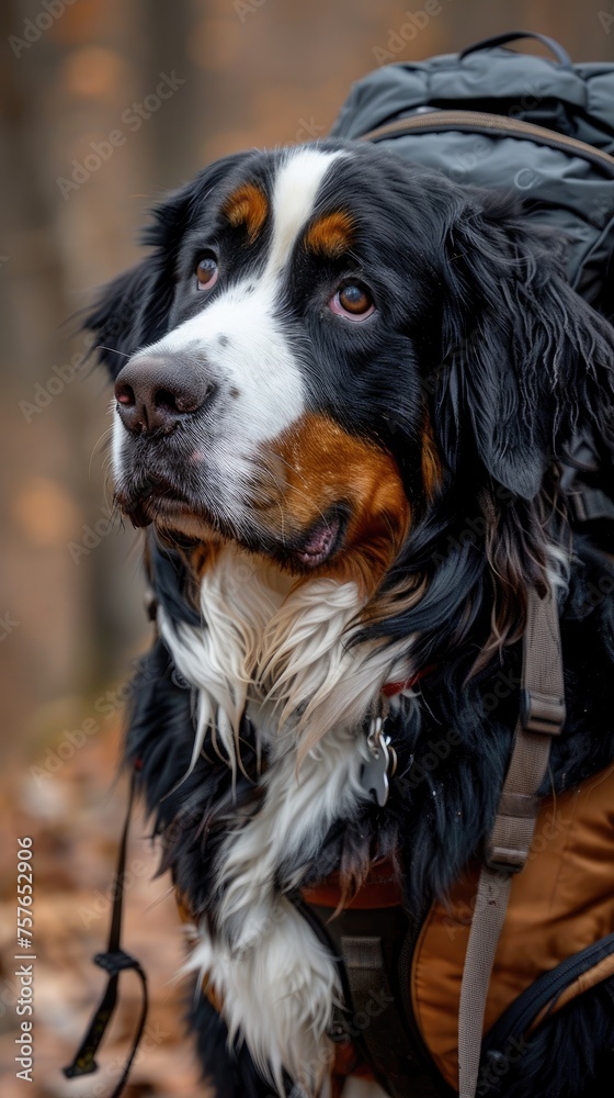 A Bernese Mountain Dog wearing a tiny backpack
