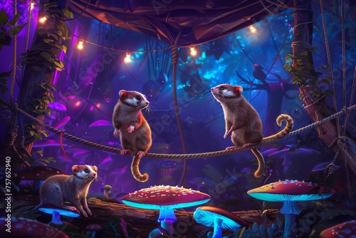 A circus performance led by ferrets, with acts of tightrope walking and humorous magic tricks, under a tent of glowing mushrooms.