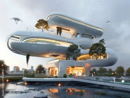 A corporate headquarters designed to look like a space station symbolizing innovation photo