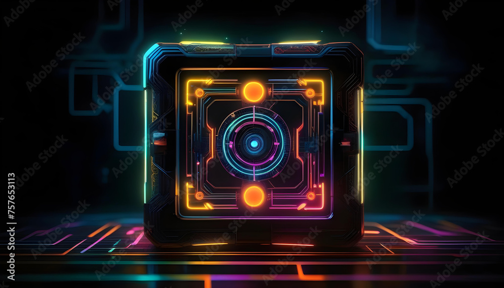A digital artwork of a futuristic communication device with neon and cosmic energy in the background.