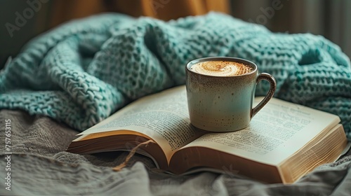 A serene setup of a coffee cup placed on an open book suggesting a relaxing reading break